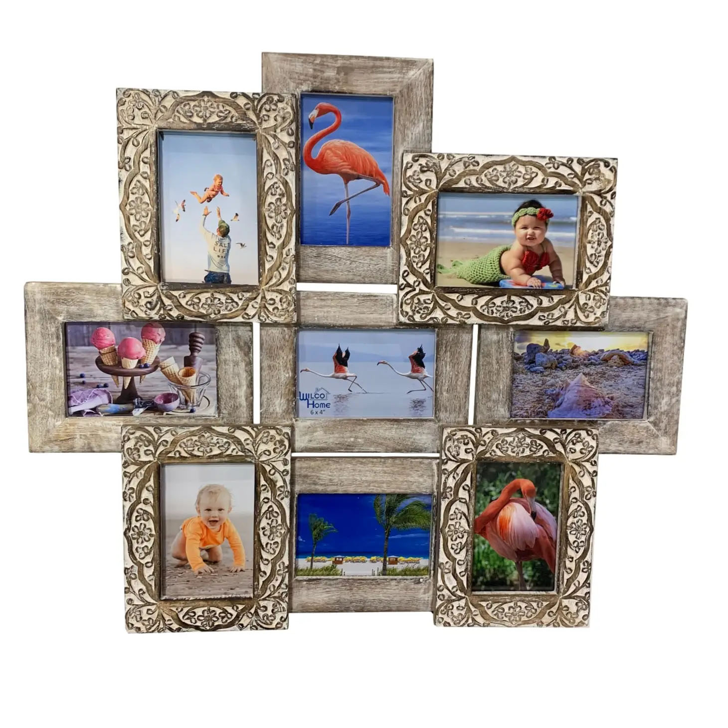 (image for) Multi Photo Frame Collage 4x6 Wood Wall Art Hand Carved