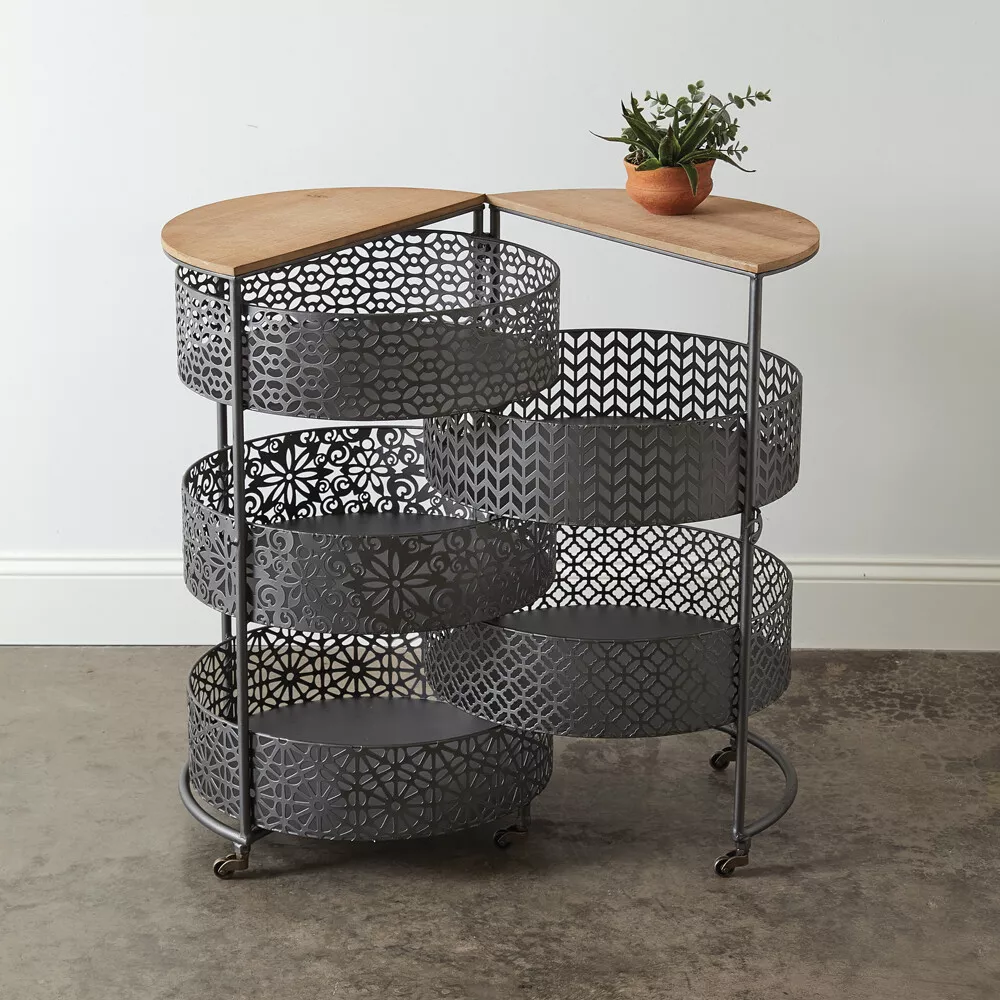 (image for) Round Storage Table Cart Metal Wood 5 Bins Cutout Design