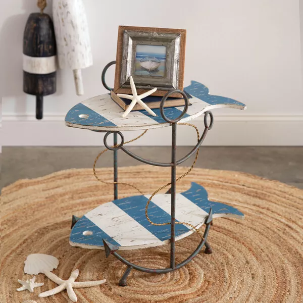 (image for) Fish Anchor Shaped Table 2 Tier Wood Metal Beach Nautical Decor