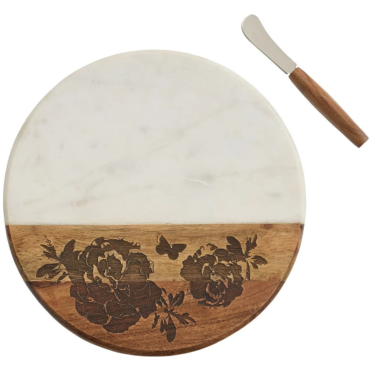 (image for) Wood Marble Cutting Board Floral Design Spreader Set