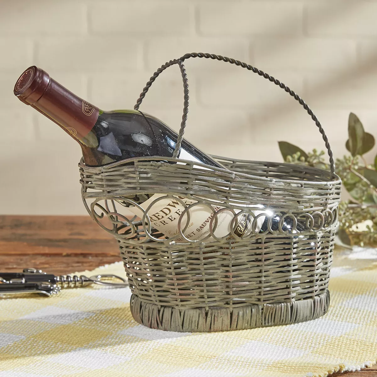 (image for) Wine Bottle Holder Basket Metal Wire Vintage Style