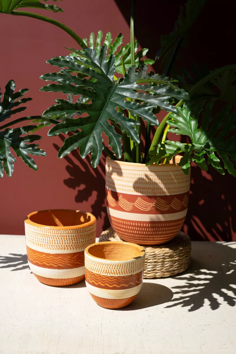(image for) Terra Cotta Clay Pot Set of 3 Textured Planters Painted Pottery