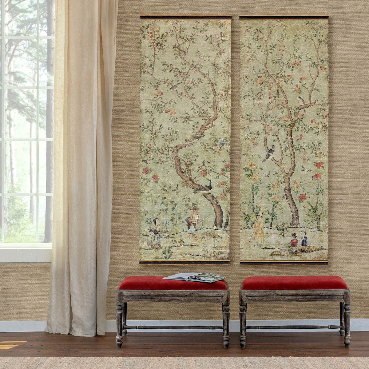 (image for) Asian Scroll Wall Art Hanging Set of 2 Antique Vintage Style 77.75"