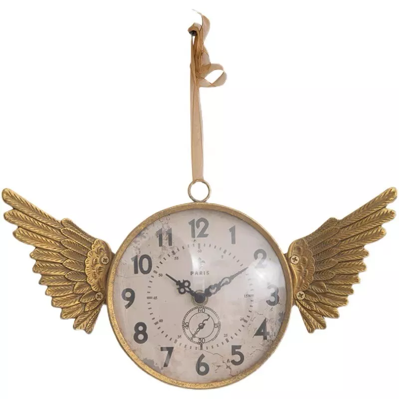 (image for) Antique Style Hanging Metal Clock Angel Wings