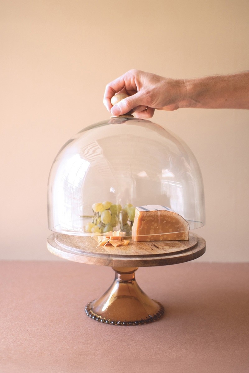 (image for) Mango Wood Cake Stand with Glass Cloche and Amber Base