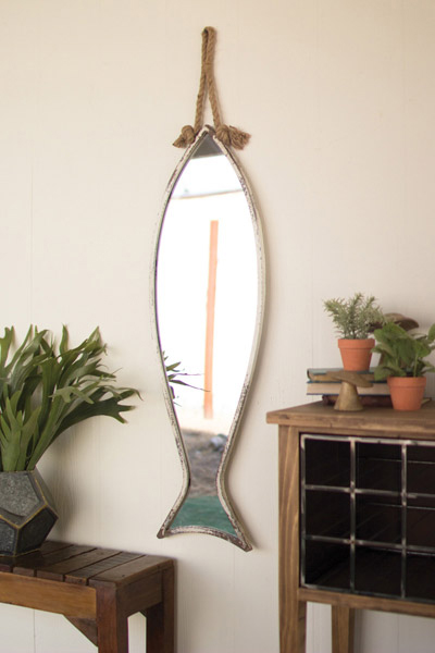 (image for) Distressed White Fish Hanging Mirror on Rope